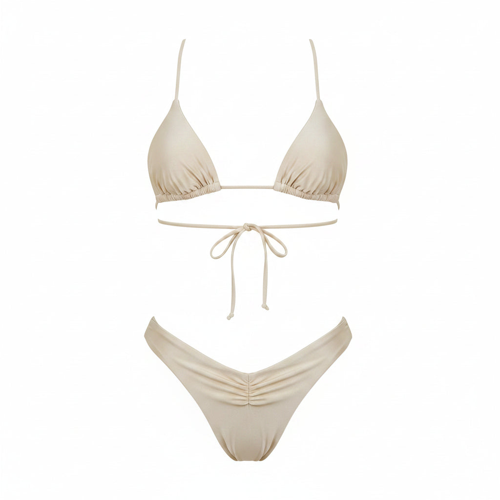 Champagne Pleated Halter Bikini Set – Brazilian Triangle Swimsuit for Women