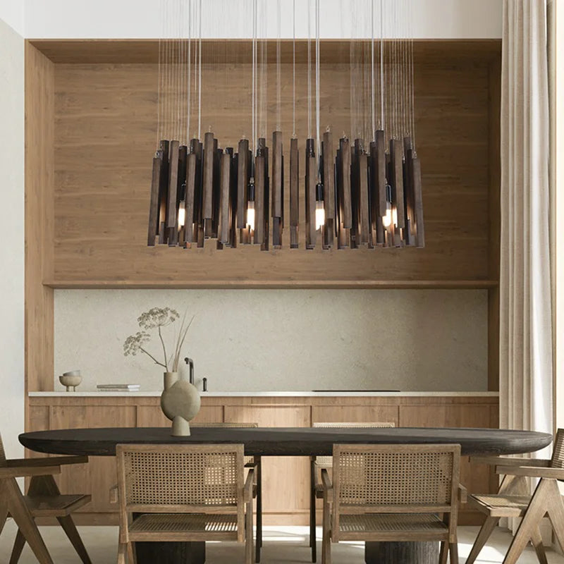 Retro Solid Wood Pendant Chandelier in light wood 40cm in a living room