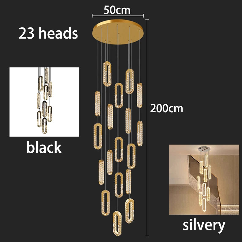 Modern LED Staircase Pendant Chandelier in warm white above a kitchen island