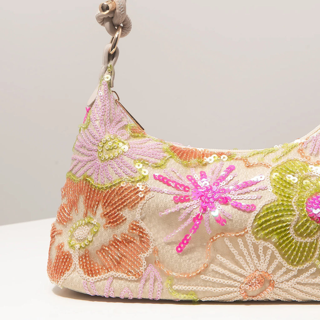 Sequin Floral Embroidery Shoulder Bag – Half Moon Evening Bag for Women