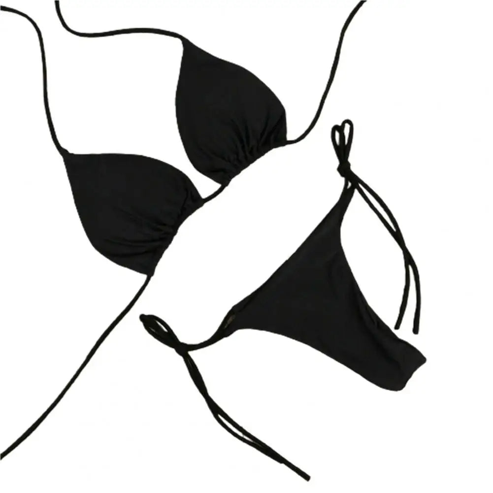 Solid Color Halter Bikini Set – Bandage Thong Swimsuit for Women