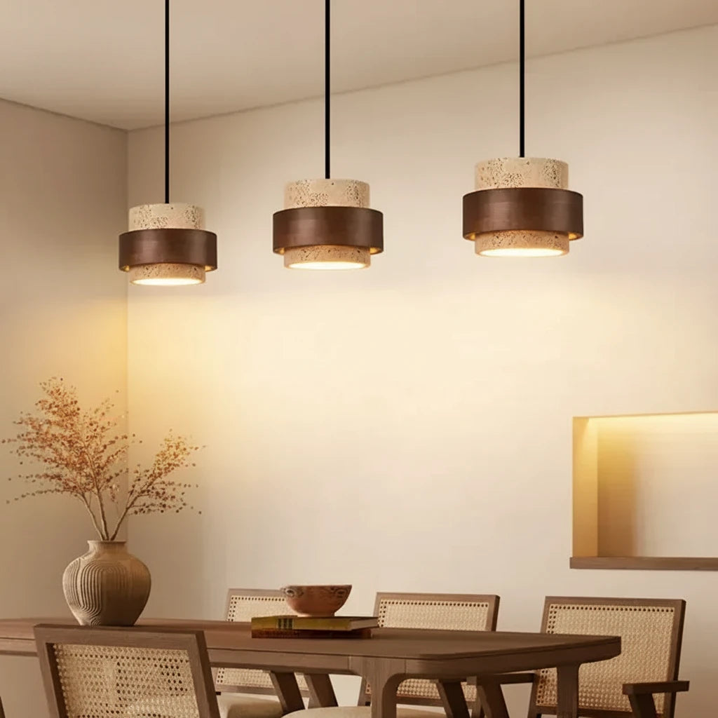 Travertine Cave Stone Pendant Chandelier in d-116-2 lights above a kitchen island