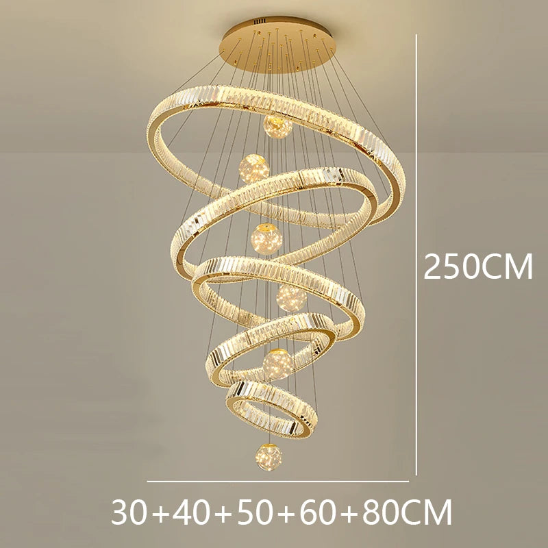 Modern Crystal Staircase Chandelier in gold 7 rings in a living room