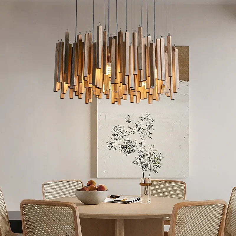 Retro Solid Wood Pendant Chandelier in light wood 80cm above a kitchen island