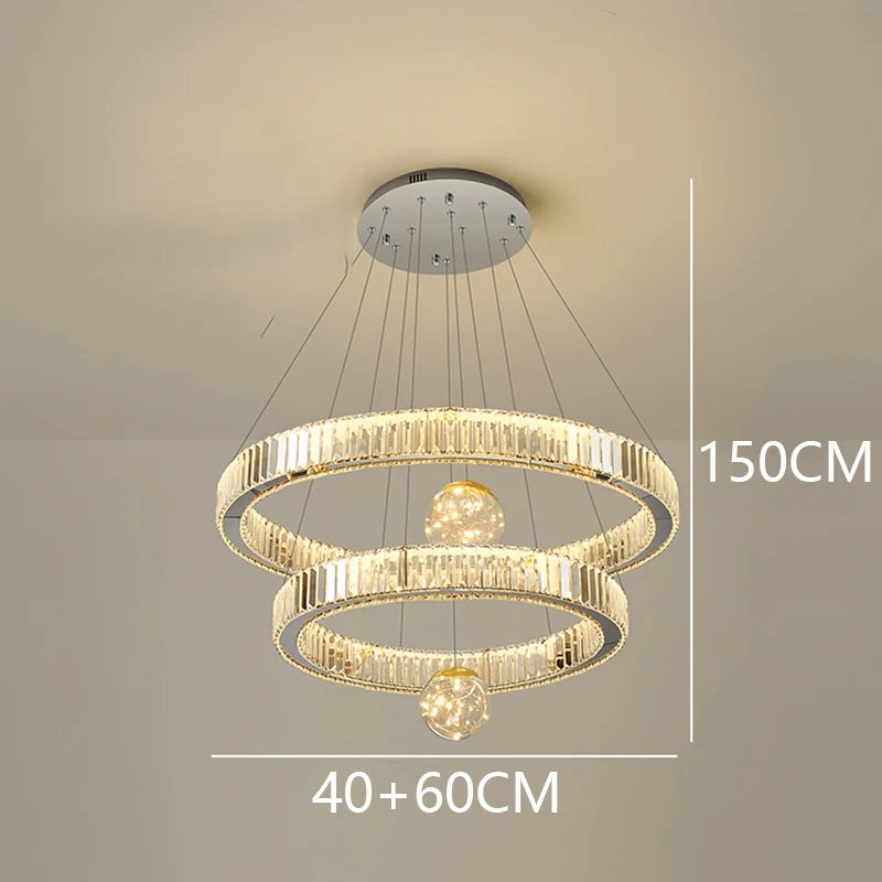 Modern Crystal Staircase Chandelier in silver 7 rings in an entryway