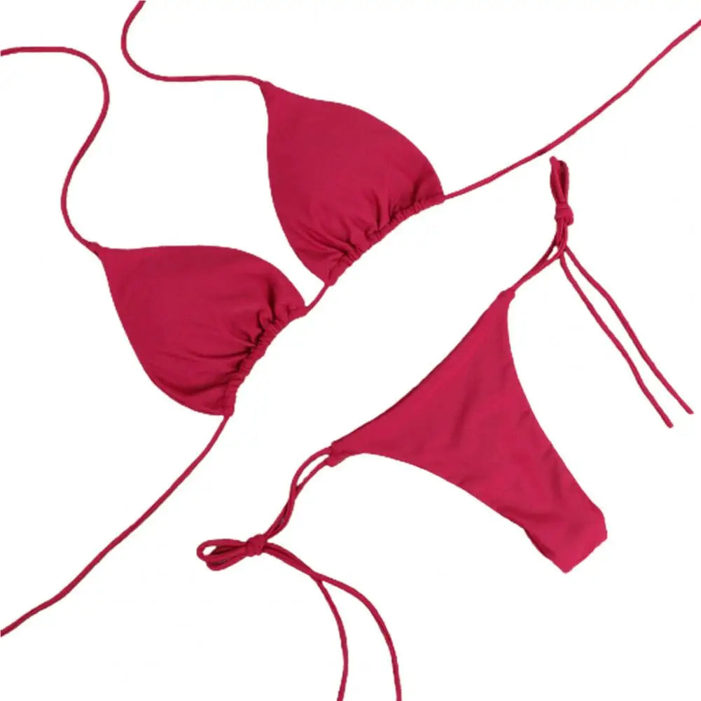 Solid Color Halter Bikini Set – Bandage Thong Swimsuit for Women