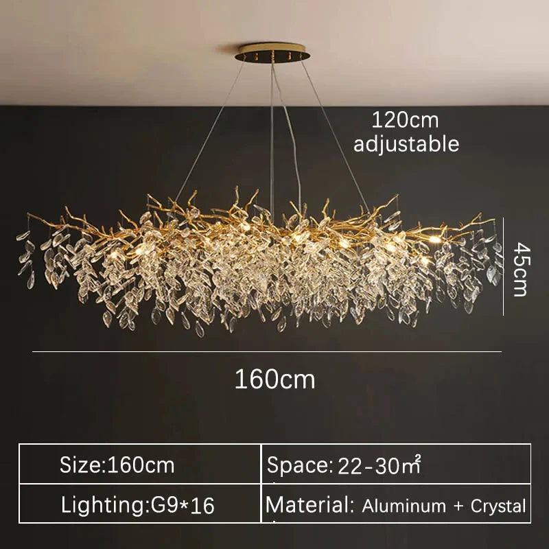 Luxury Gold Crystal LED Chandelier in neutral light above a stairwell