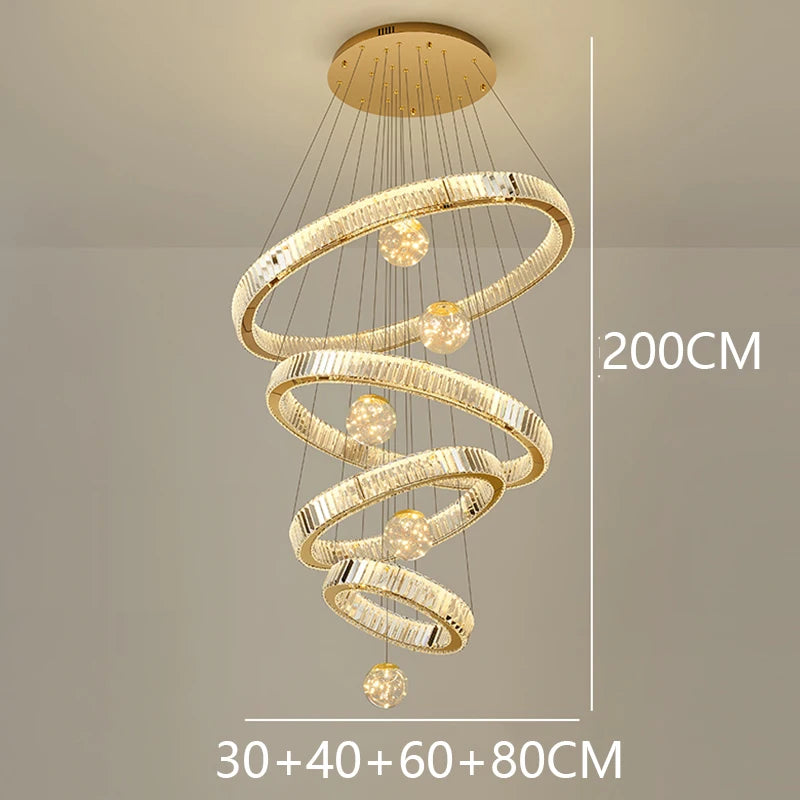 Modern Crystal Staircase Chandelier in gold 6 rings in a living room