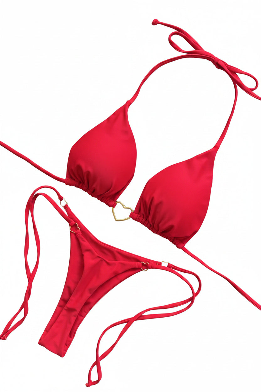 Red Halter Bikini Set – Triangle Cup Thong Swimsuit for Women