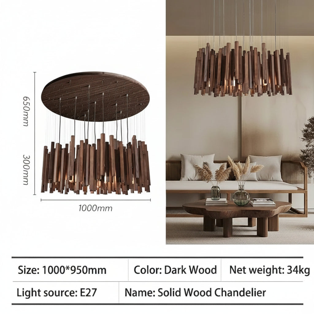 Retro Solid Wood Pendant Chandelier in cool white over a dining table