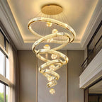 Modern Crystal Staircase Chandelier in silver 3 rings above a stairwell