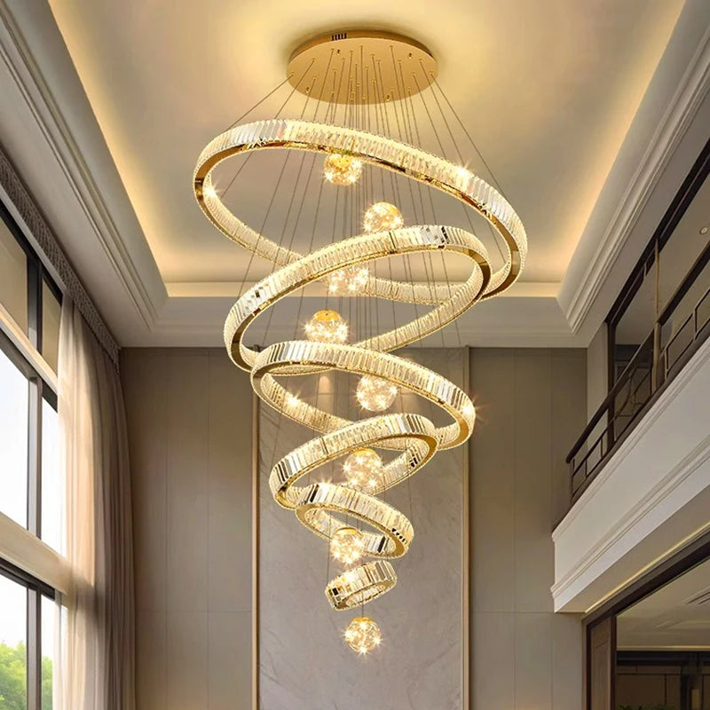 Modern Crystal Staircase Chandelier in silver 3 rings above a stairwell