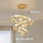 Modern Crystal Staircase Chandelier in silver 5 rings above a stairwell