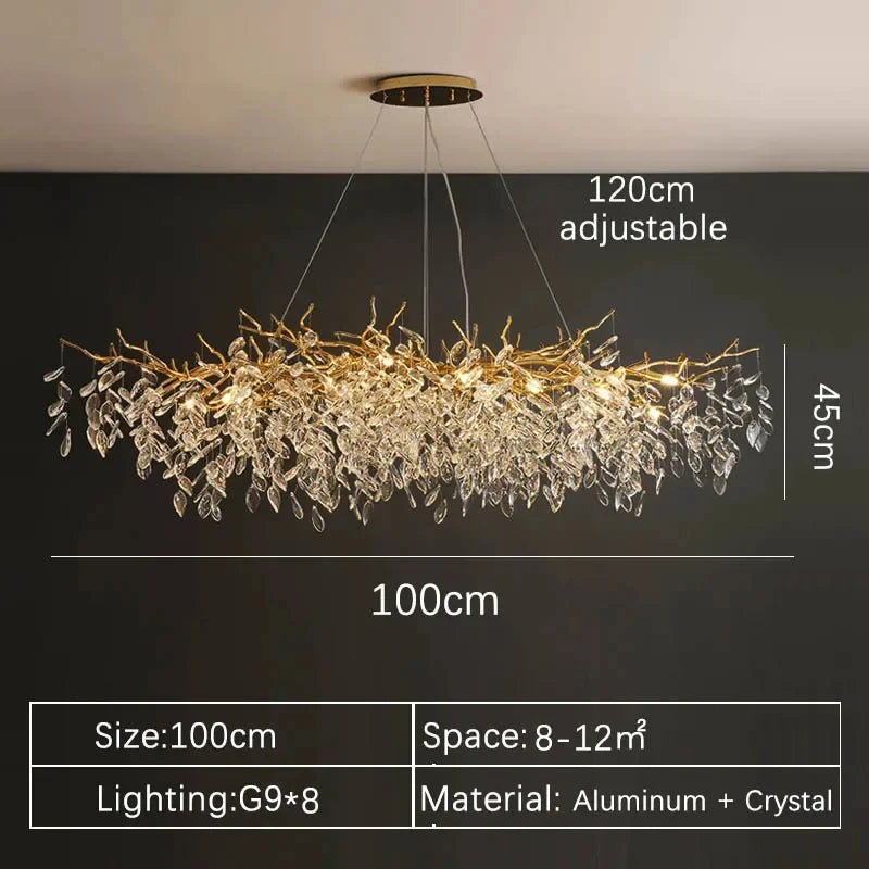 Luxury Gold Crystal LED Chandelier in warm light in a dining room