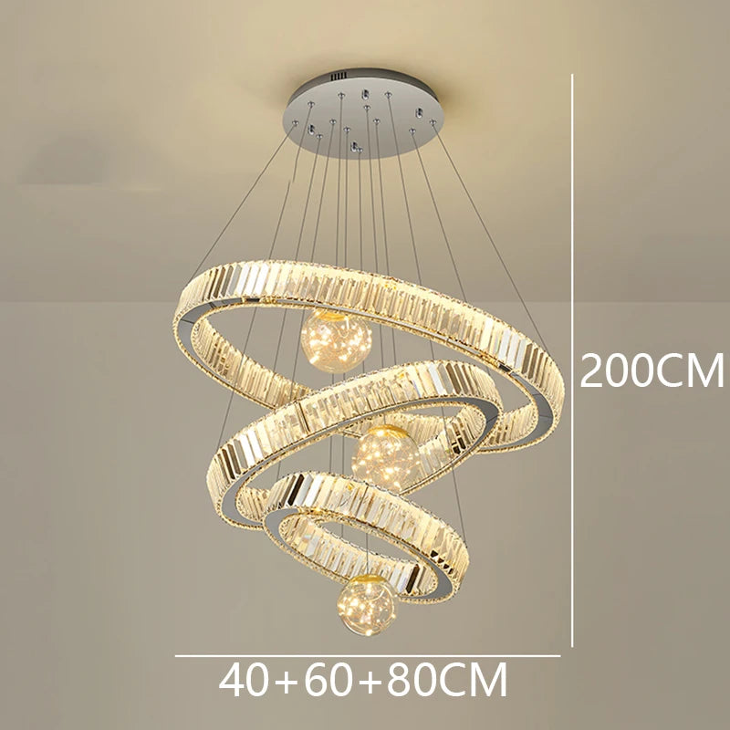 Modern Crystal Staircase Chandelier in silver 6 rings in a dining room