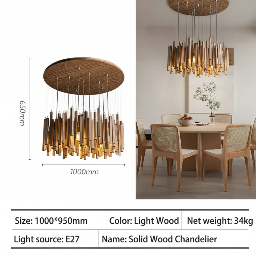 Retro Solid Wood Pendant Chandelier in warm white in an entryway