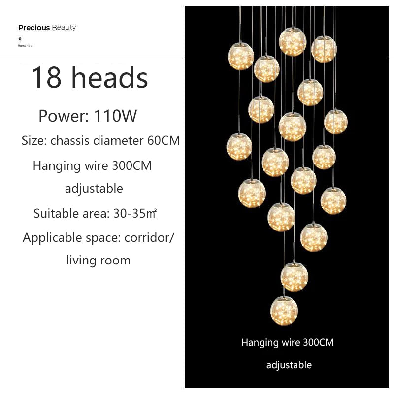 Modern LED Glass Ball Chandelier in white light 5500k in a dining room