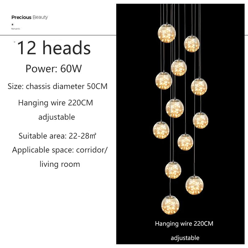 Modern LED Glass Ball Chandelier in cognac above a stairwell