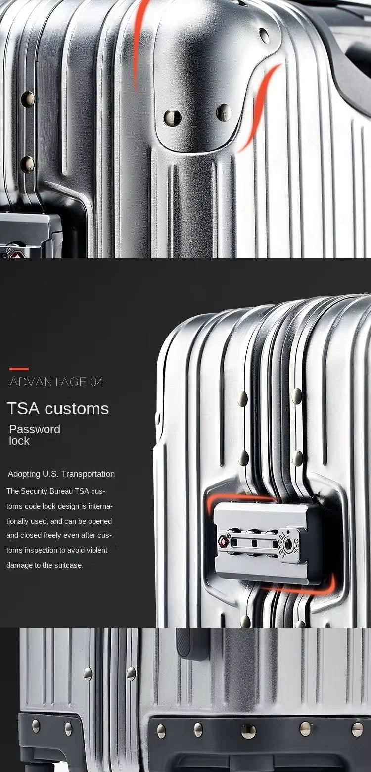 Aluminium Spinner Suitcase – 100% Aluminium-Magnesium Alloy Luggage with Password Lock