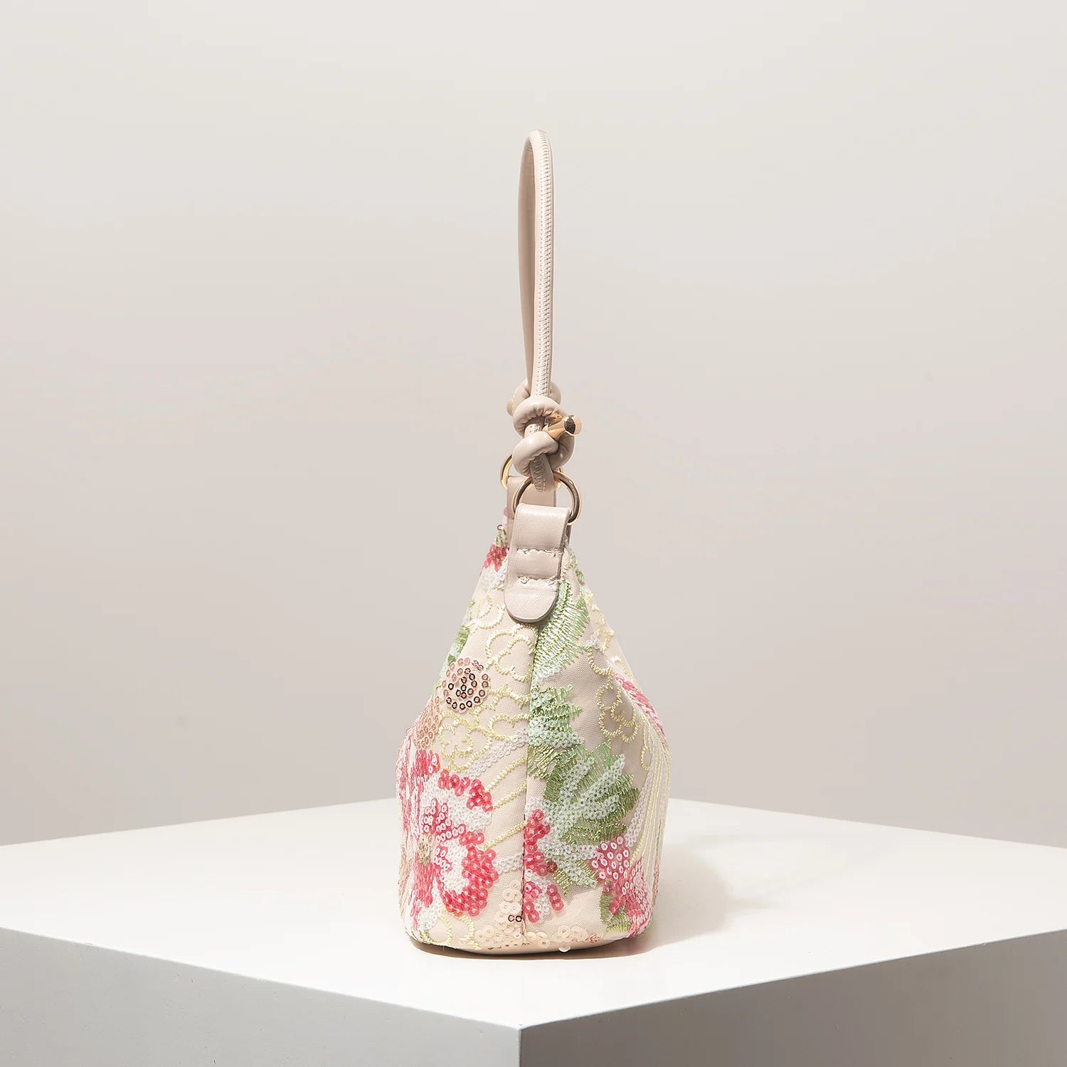 Sequin Floral Embroidery Shoulder Bag – Half Moon Evening Bag for Women