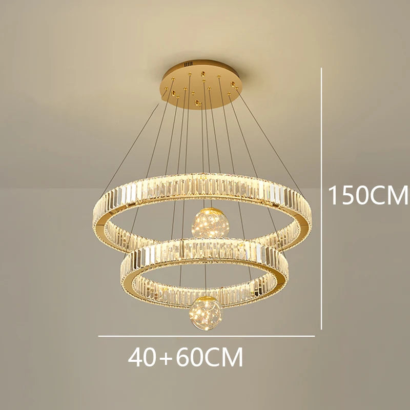 Modern Crystal Staircase Chandelier in silver 4 rings above a stairwell