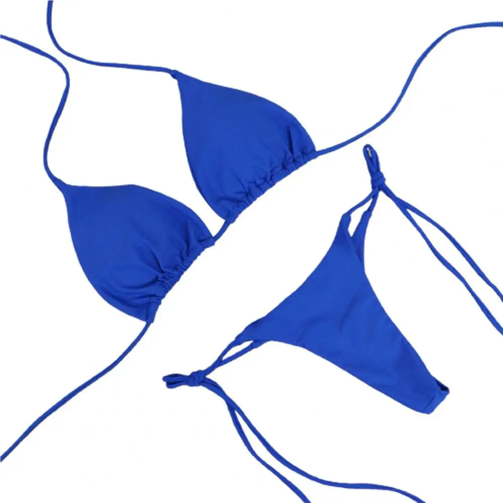 Solid Color Halter Bikini Set – Bandage Thong Swimsuit for Women