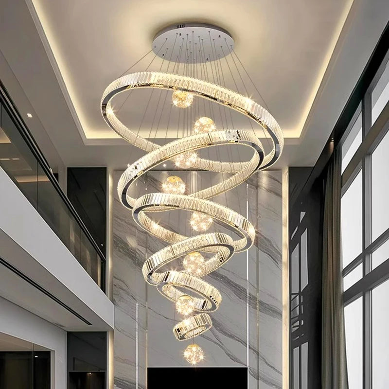 Modern Crystal Staircase Chandelier in silver 2 rings in a living room