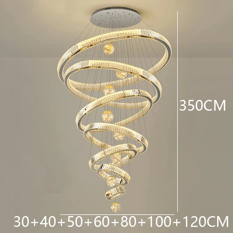 Modern Crystal Staircase Chandelier in neutral light in a living room