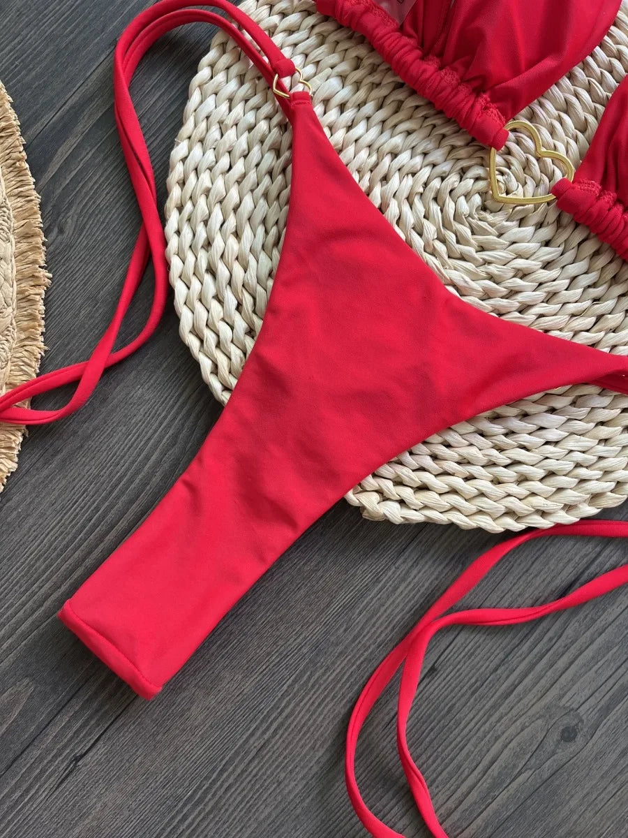 Red Halter Bikini Set – Triangle Cup Thong Swimsuit for Women