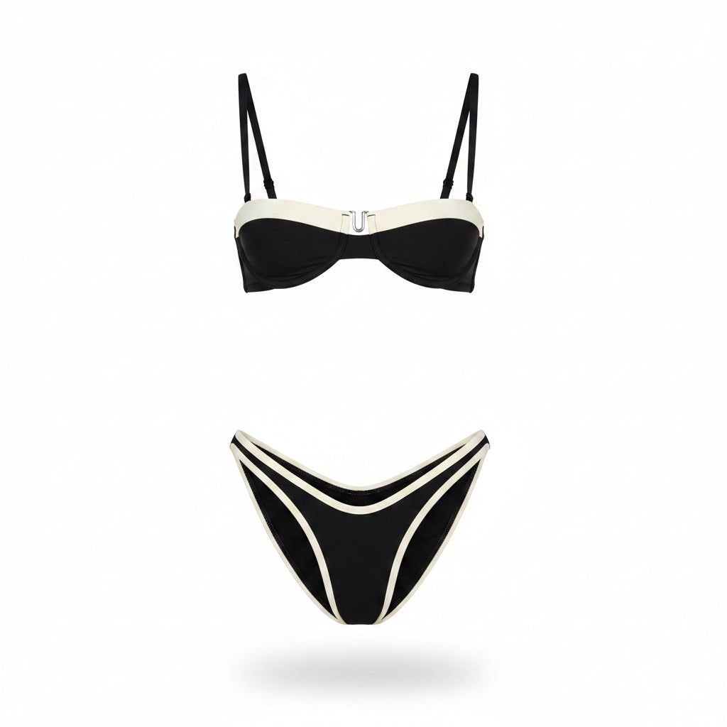 Solid Vintage Bikini Set – Lace-Up Push-Up Swimsuit for Women