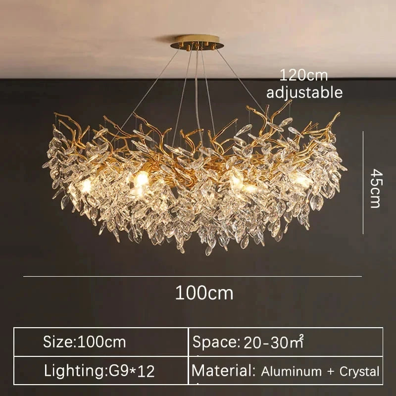 Luxury Gold Crystal LED Chandelier in silver in a living room