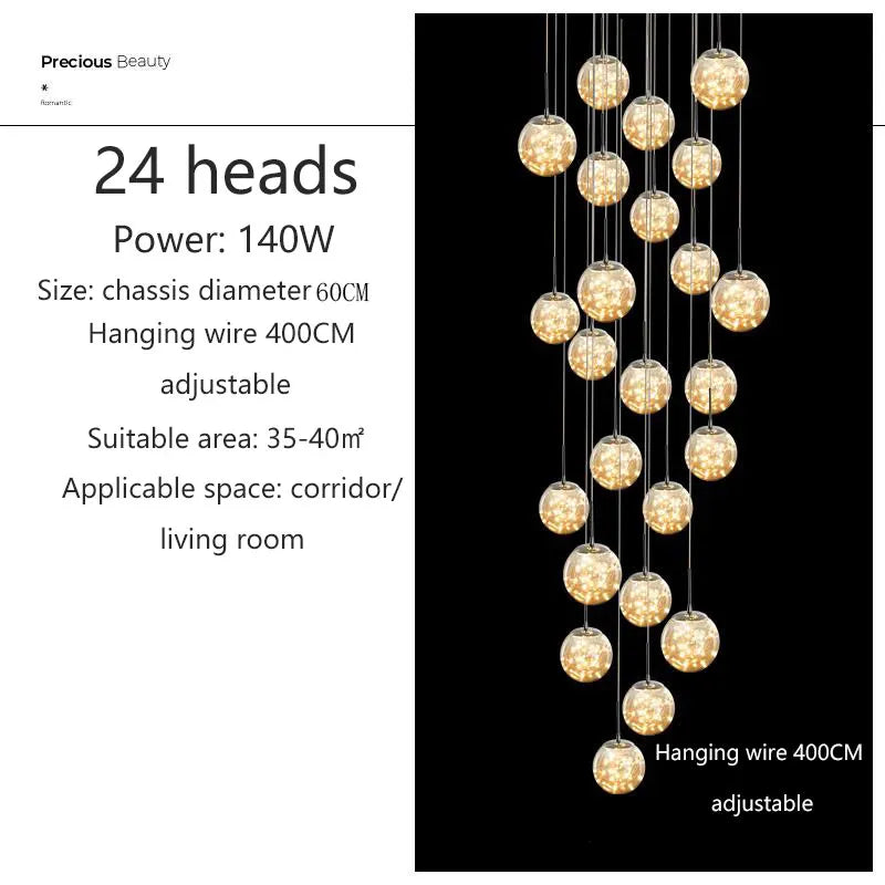 Modern LED Glass Ball Chandelier in 18 heads above a stairwell