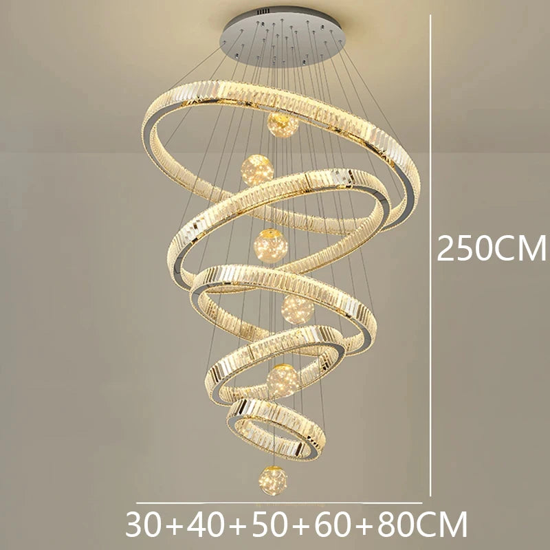 Modern Crystal Staircase Chandelier in cold white in a dining room