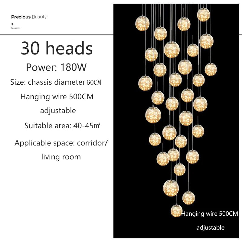 Modern LED Glass Ball Chandelier in warm white 3000k in an entryway