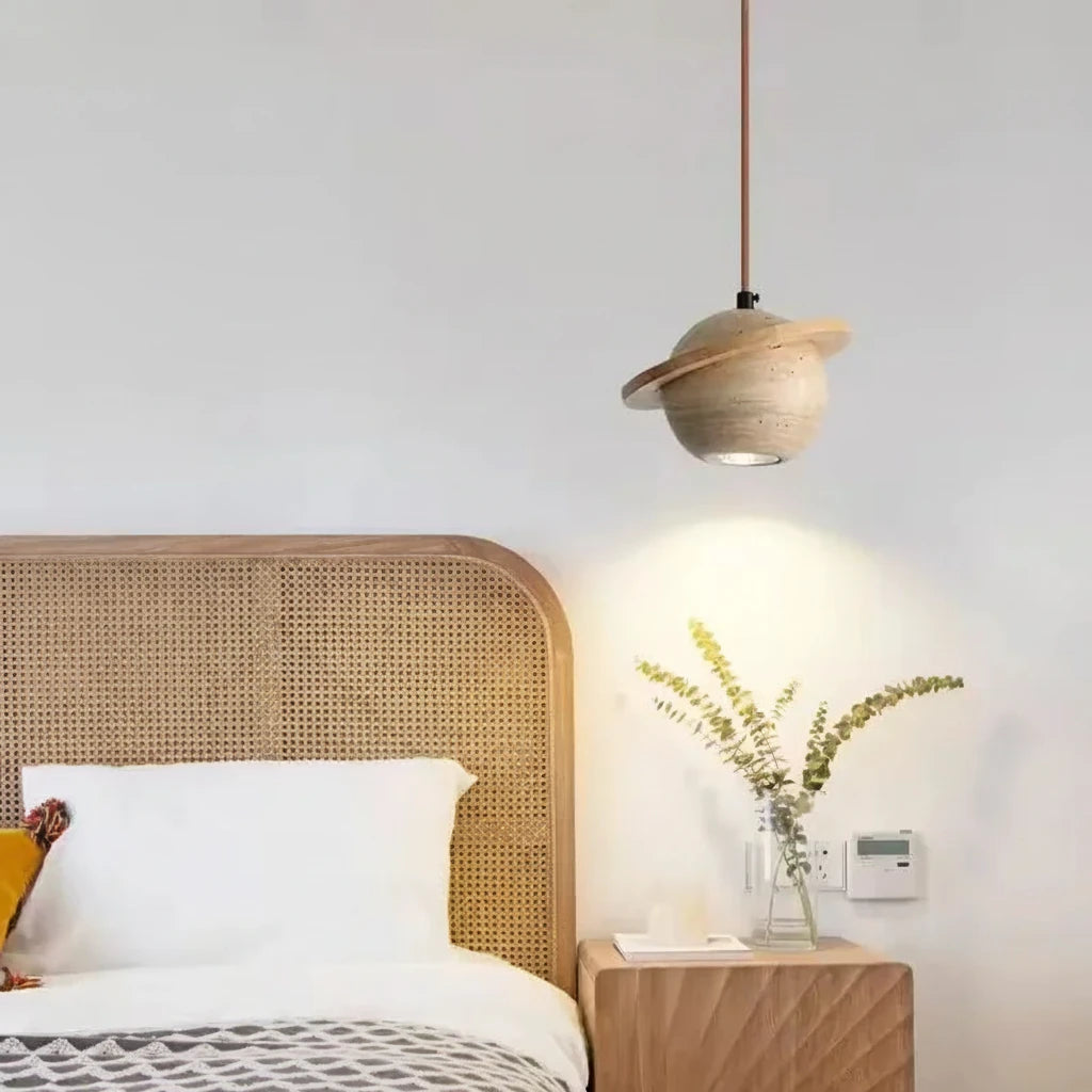 Wabi-Sabi Travertine Stone Pendant Light in d-028 log in a living room