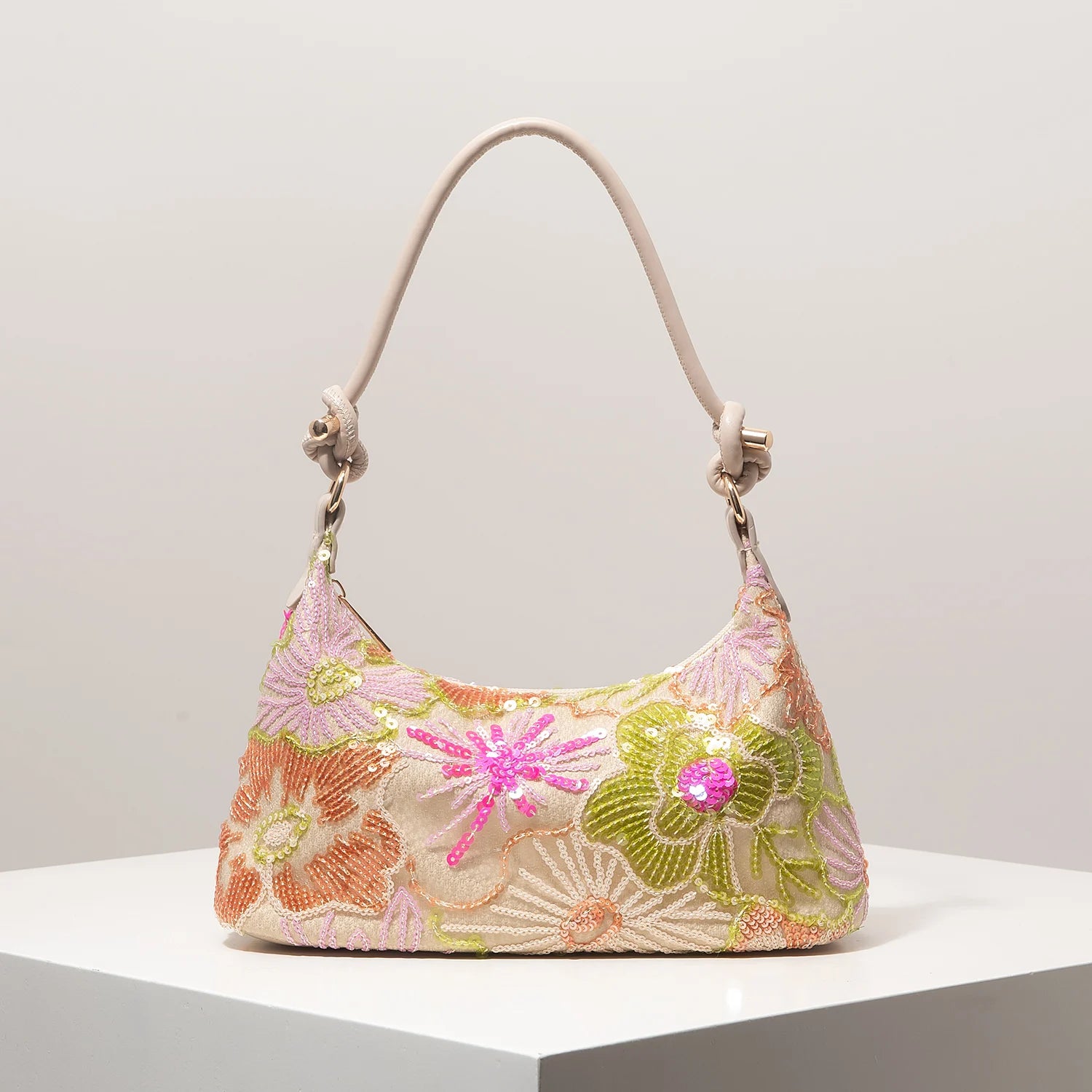 Sequin Floral Embroidery Shoulder Bag – Half Moon Evening Bag for Women