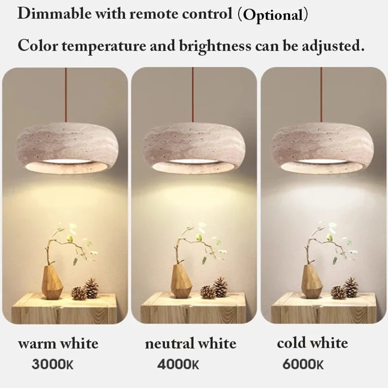 Japanese Travertine Stone Pendant Lamp in neutral light 4000k over a dining table