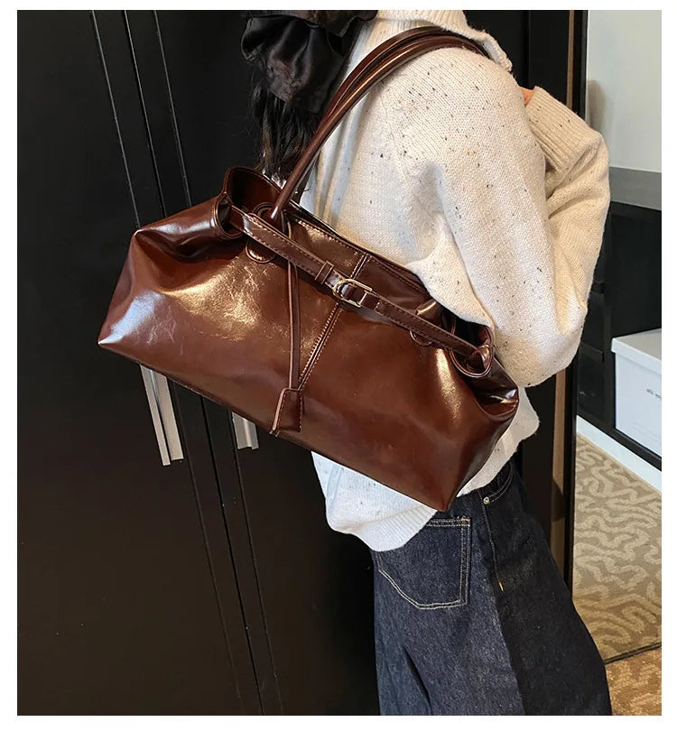 Women's Vintage PU Leather Shoulder Bag – Large Capacity Commuter Tote Handbag