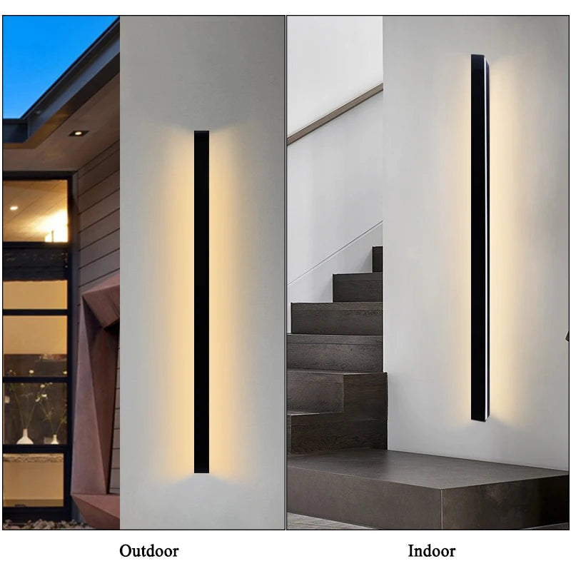 Nordic Outdoor LED Strip Wall Light in warm white beside a bed