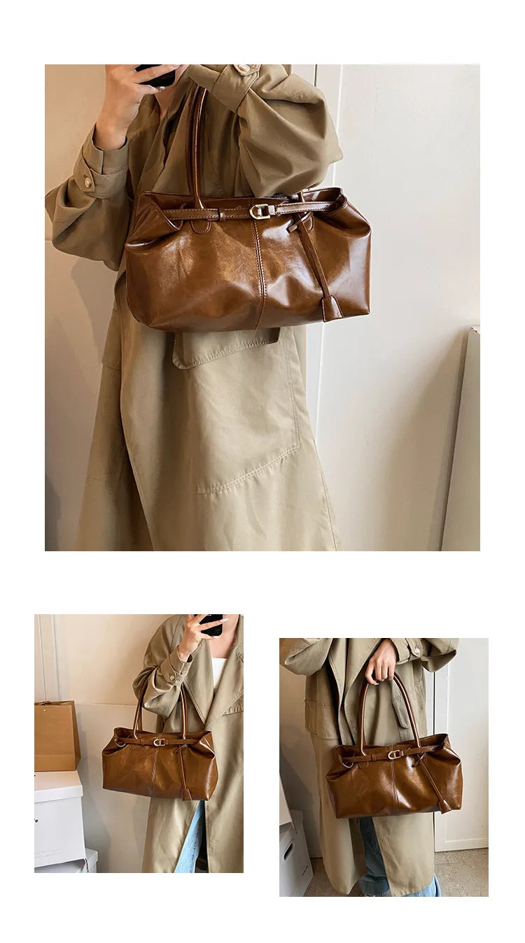 Women's Vintage PU Leather Shoulder Bag – Large Capacity Commuter Tote Handbag