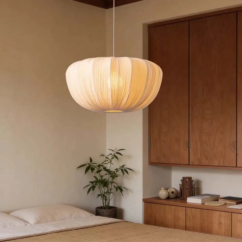Nordic Wabi-Sabi Fabric Chandelier in neutral light over a dining table