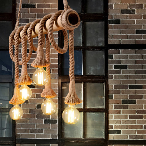 Bamboo Pendant Lamp with Rope – EcoChic Industrial Hanging Light in 4 above a kitchen island