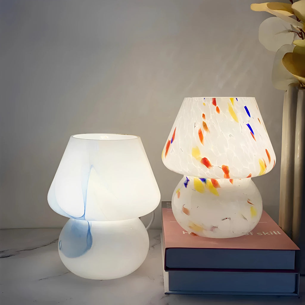 Aesthetic Glass Mushroom Lamp - LumiMush in coloured dots in a living room
