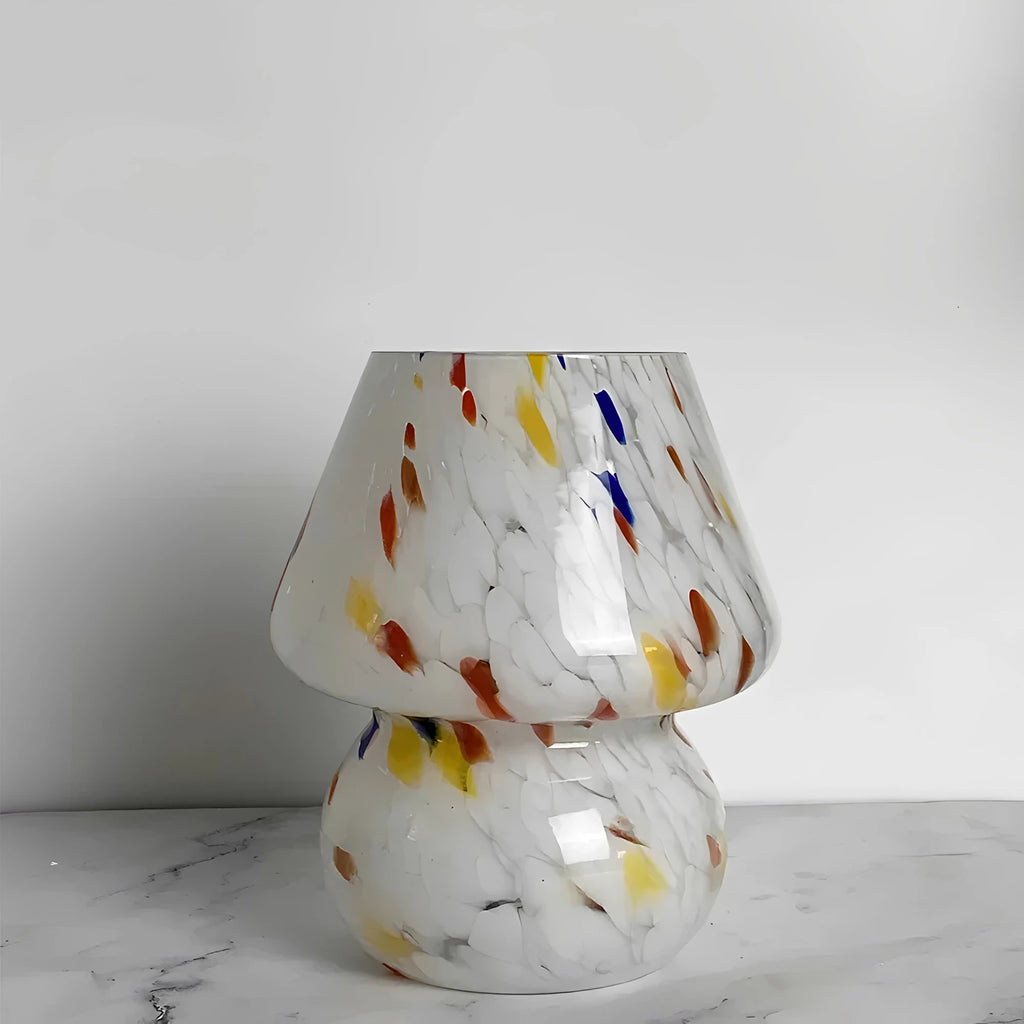 Aesthetic Glass Mushroom Lamp - LumiMush in coloured dots in a bedroom