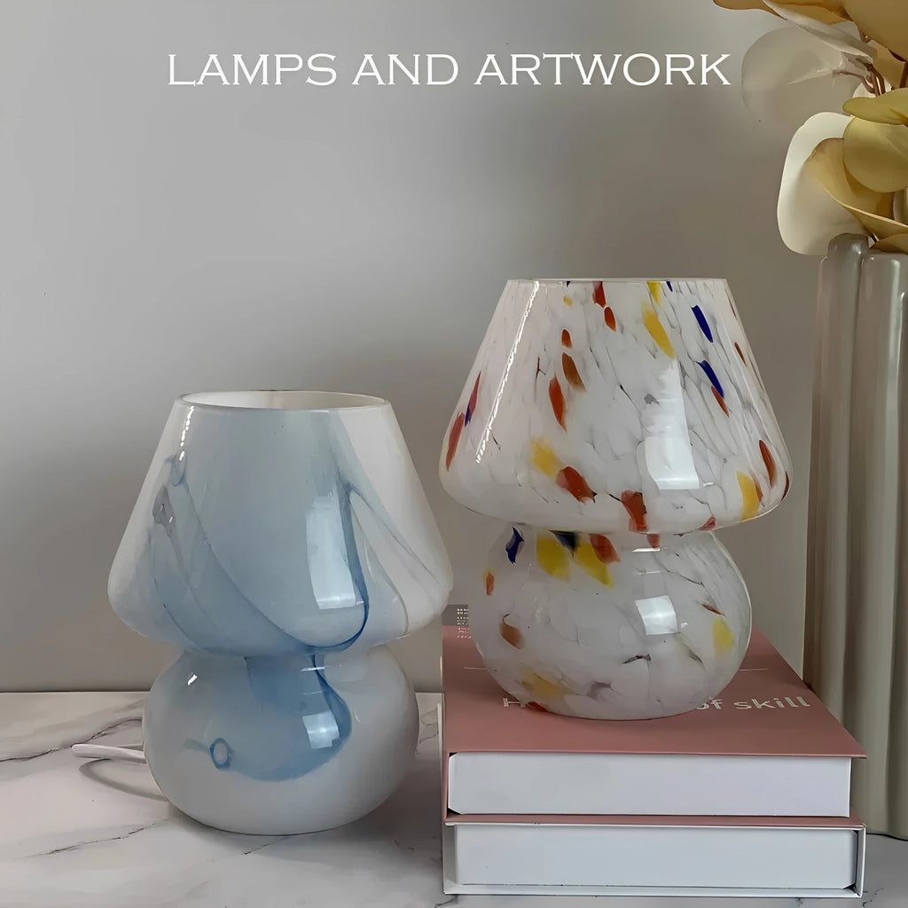 Aesthetic Glass Mushroom Lamp - LumiMush in white dots in a home office