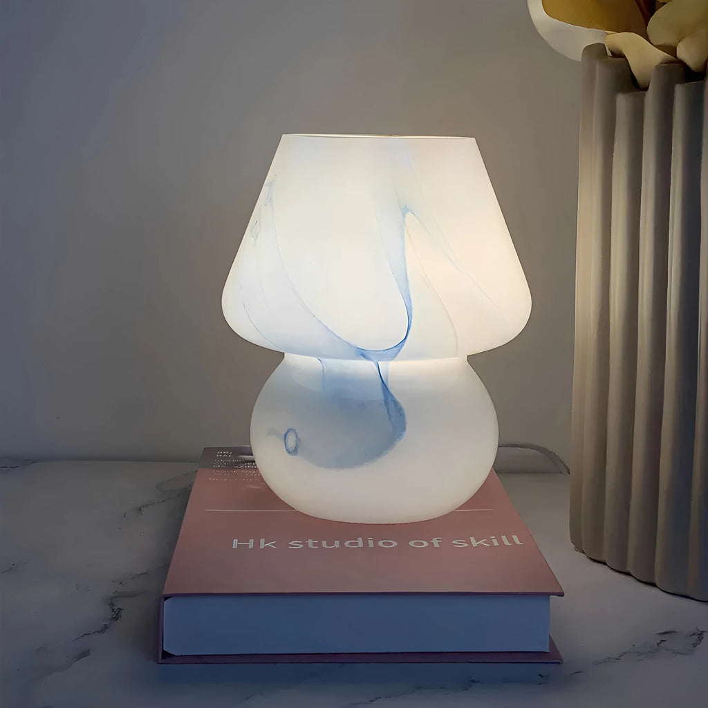 Aesthetic Glass Mushroom Lamp - LumiMush in coloured dots in a home office