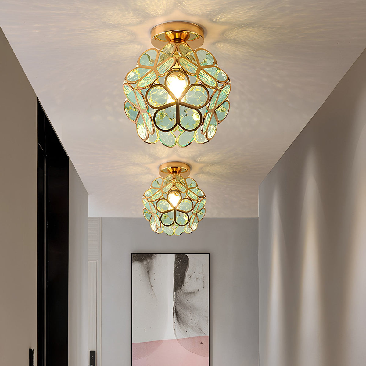 Artistic Glass Ceiling Light with Floral Design - FlowerHall in pink in a hallway