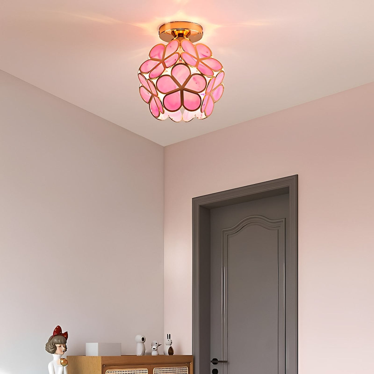 Artistic Glass Ceiling Light with Floral Design - FlowerHall in pink in a hallway