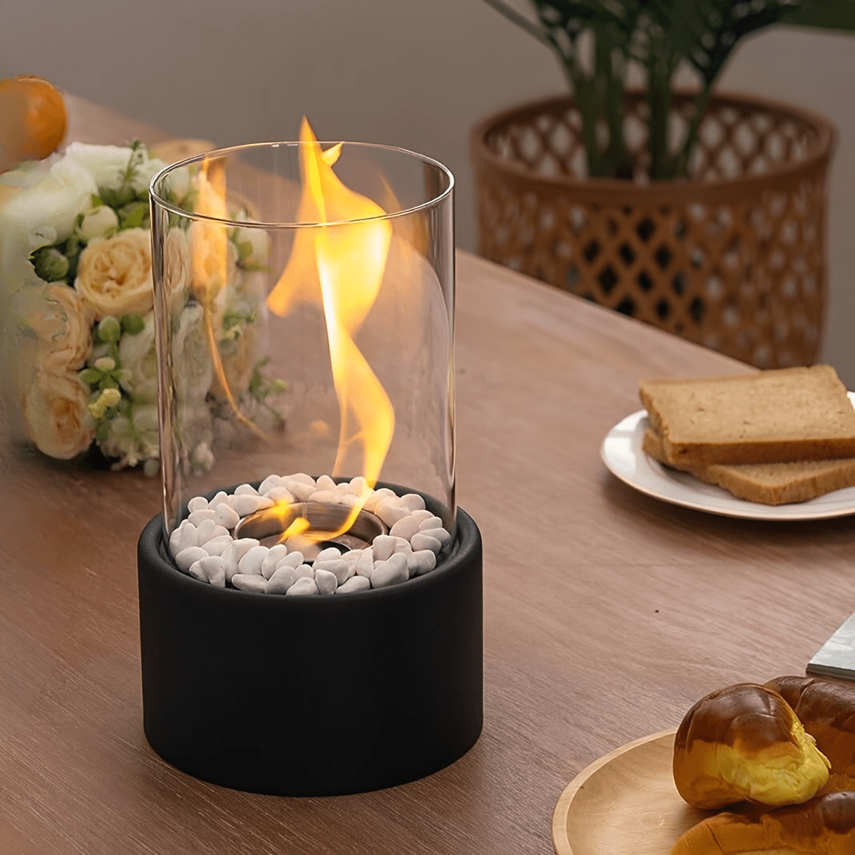 Classic Oil Lamp with Glass Chimney – Lumora Tabletop Flame Lamp in white in a bedroom