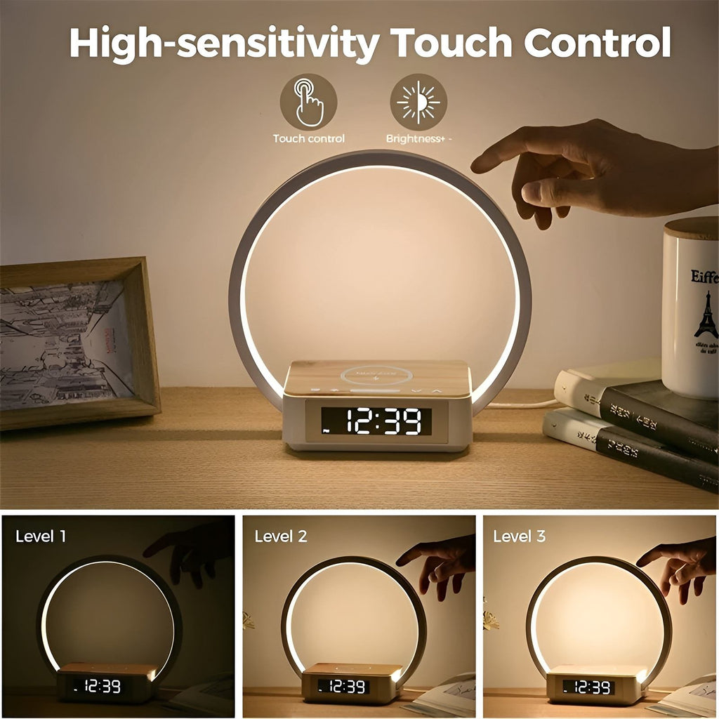 Bedside Night Light with Wireless Charger – LumoRise Wake-Up Lamp on a nightstand